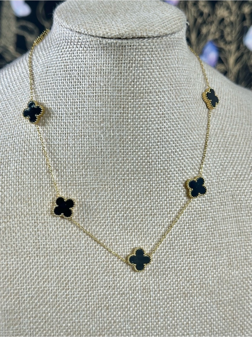 21” 18k Gold Plated Stainless Steel Clover Necklace w/ Black Enamel Accents